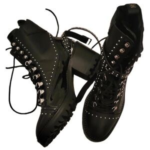 The Kooples Black Patent Leather Combat Moto Boots with Studded Detailing